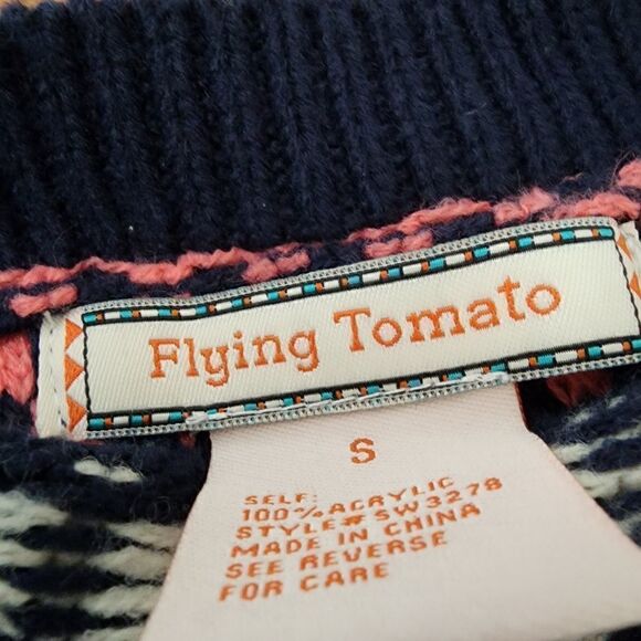 FLYING TOMATO WOMEN'S SOUTH WEST FRINGED BLUE AND CORAL SWEATER SIZE SMALL - Picture 7 of 8